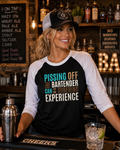 Pissing Off the Bartender Can Be a Sobering Experience | Funny Bartender Raglan Shirt | Tultex 245 Unisex 3/4 Sleeve Baseball Tee | Turquoise & Brown