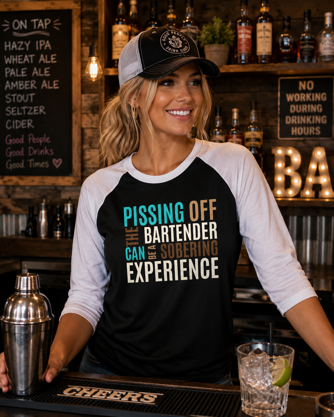 Pissing Off the Bartender Can Be a Sobering Experience | Funny Bartender Raglan Shirt | Tultex 245 Unisex 3/4 Sleeve Baseball Tee | Turquoise & Brown