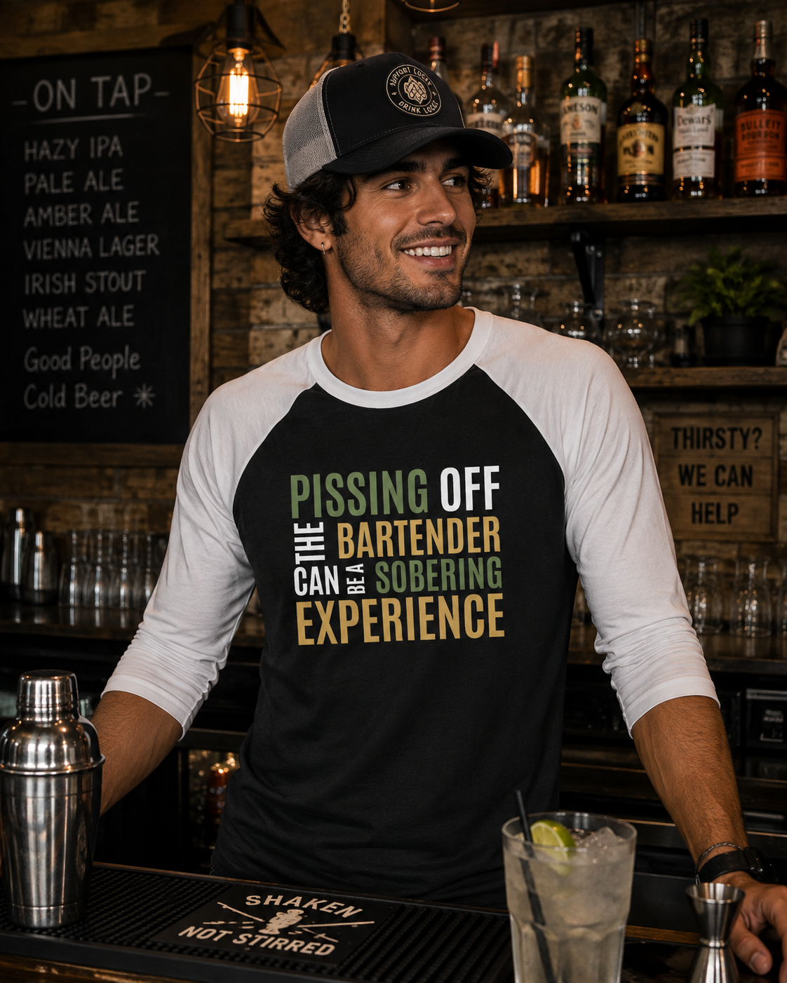 Pissing Off the Bartender Can Be a Sobering Experience Raglan Shirt | Funny Bartender Baseball Tee | Tultex 245 Unisex 3/4 Sleeve | Green & Tan Design