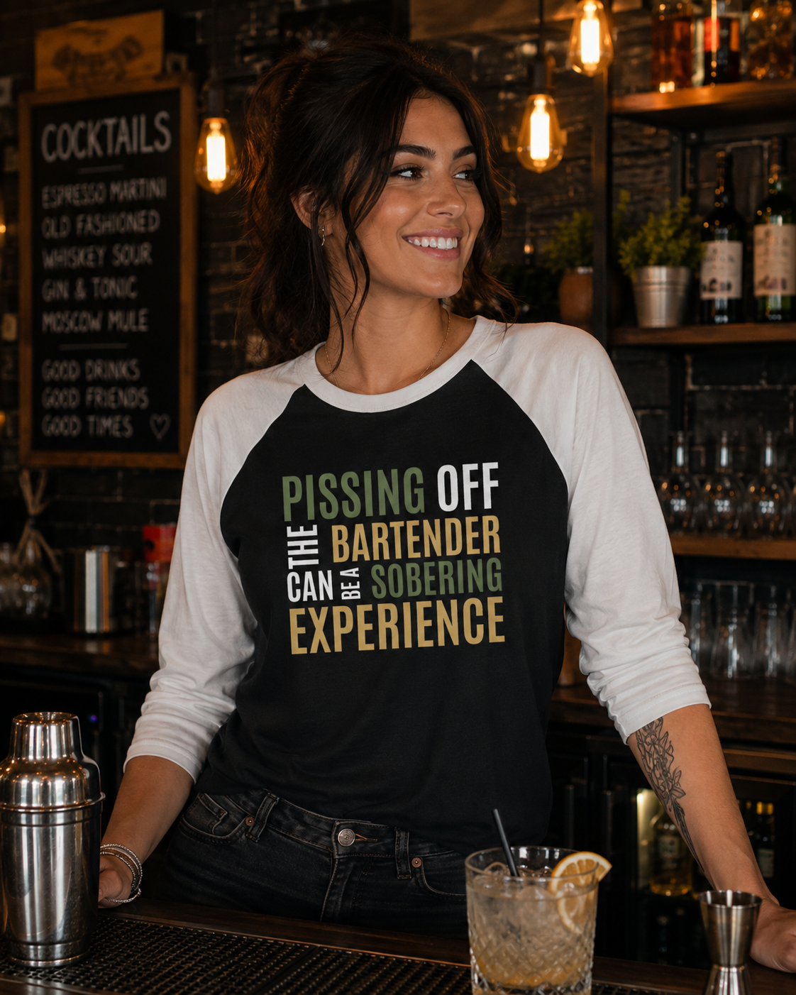 Pissing Off the Bartender Can Be a Sobering Experience Raglan Shirt | Funny Bartender Baseball Tee | Tultex 245 Unisex 3/4 Sleeve | Green & Tan Design
