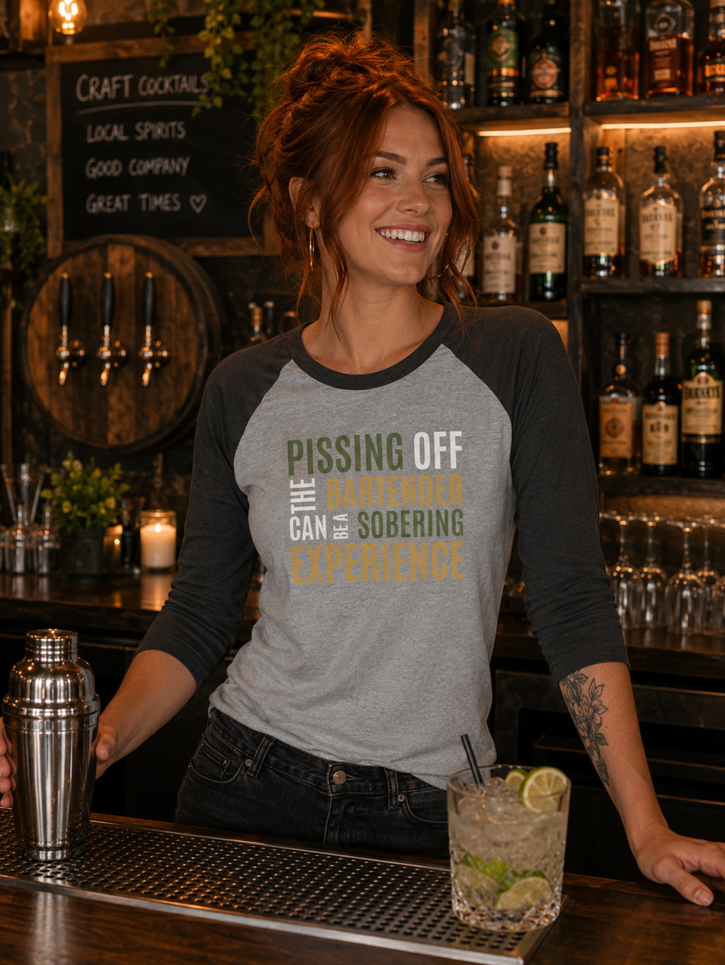 Pissing Off the Bartender Can Be a Sobering Experience Raglan Shirt | Funny Bartender Baseball Tee | Tultex 245 Unisex 3/4 Sleeve | Green & Tan Design