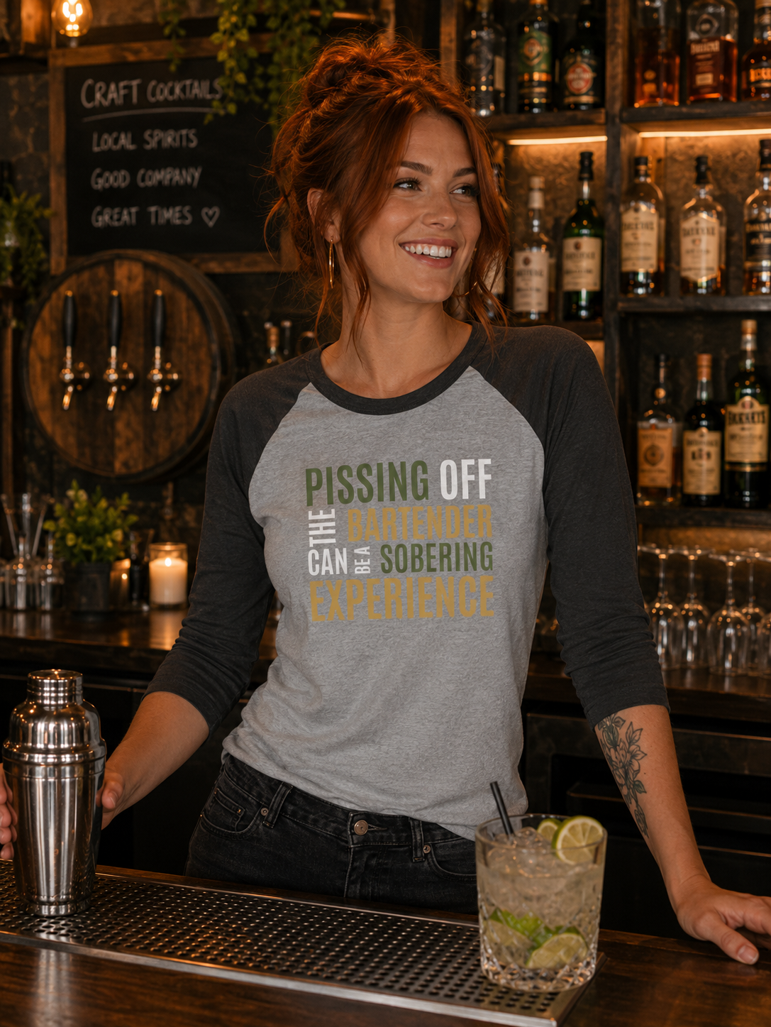 Pissing Off the Bartender Can Be a Sobering Experience Raglan Shirt | Funny Bartender Baseball Tee | Tultex 245 Unisex 3/4 Sleeve | Green & Tan Design