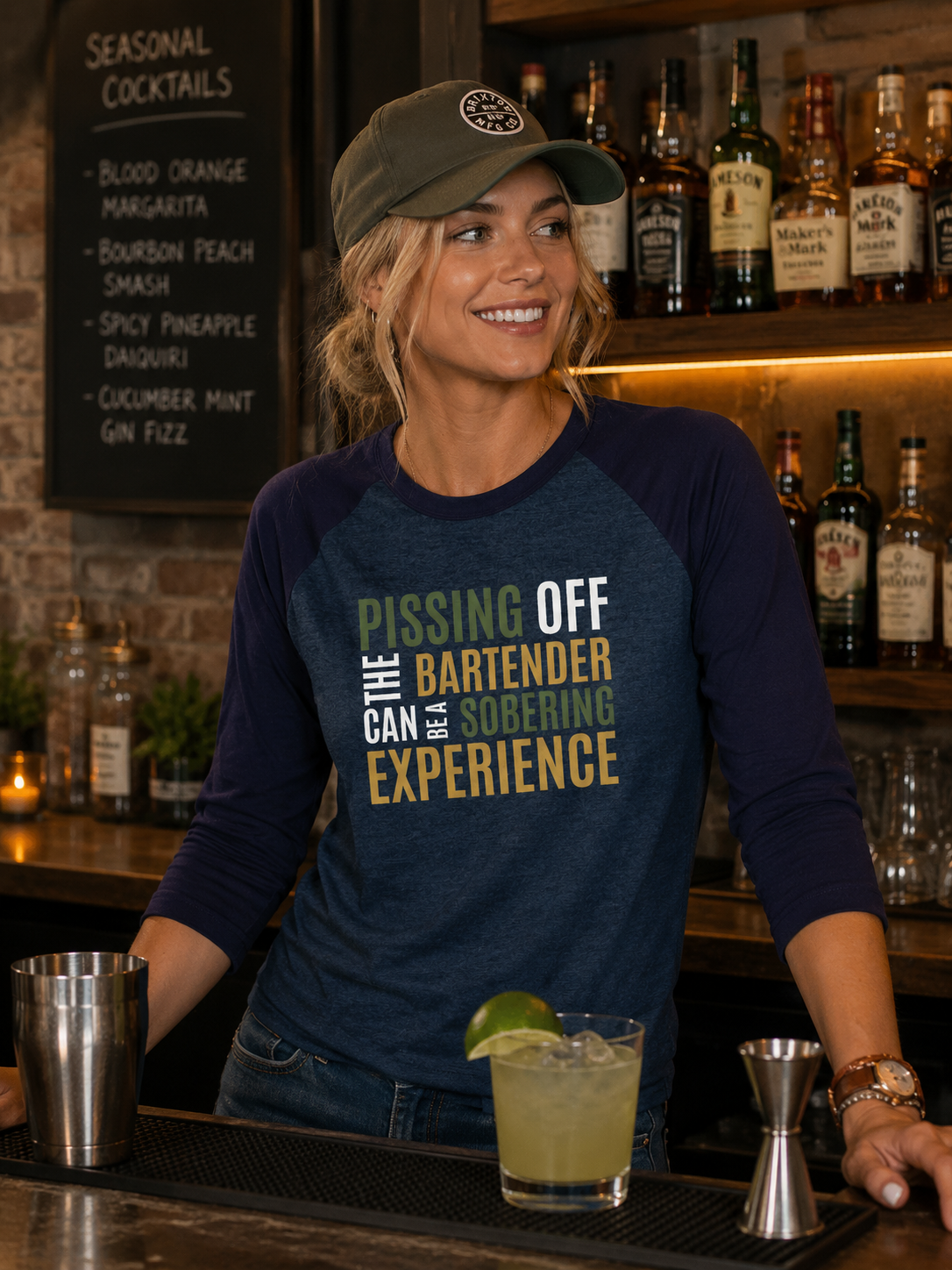 Pissing Off the Bartender Can Be a Sobering Experience Raglan Shirt | Funny Bartender Baseball Tee | Tultex 245 Unisex 3/4 Sleeve | Green & Tan Design